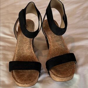 Lucky Brand Black and Tan Wedge Sandals